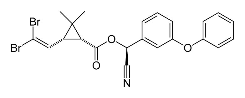Formule chimique de la deltaméthrine ou décamethrine : (1R,3R)-3-(2,2-dibromovinyl)-2,2-diméthyl-cyclopropane carboxylate de (S)-α-cyano-3-phénoxybenzyle