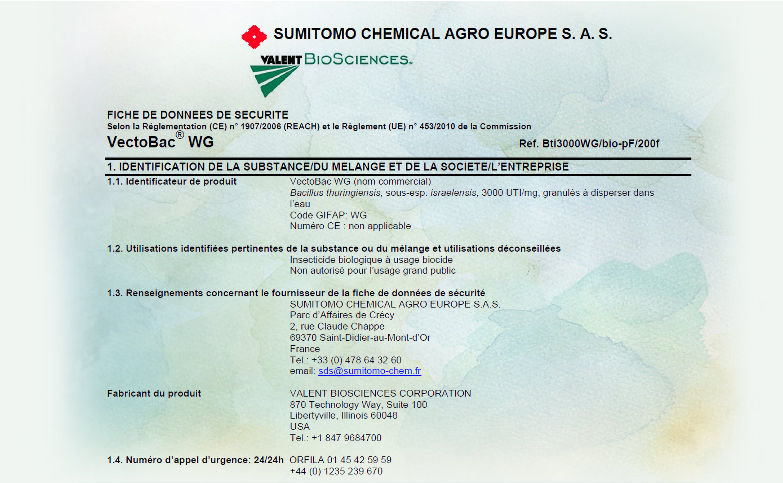 Bti ou Bacillus thuringiensis Bacillus thuringiensis variété israelensis de sérotype H14 est un produit biologique non rémanent dégradé en 24h après son utilisation et commercialisé par ValentBioSciences sous la référence BtiBsGR/F/210f